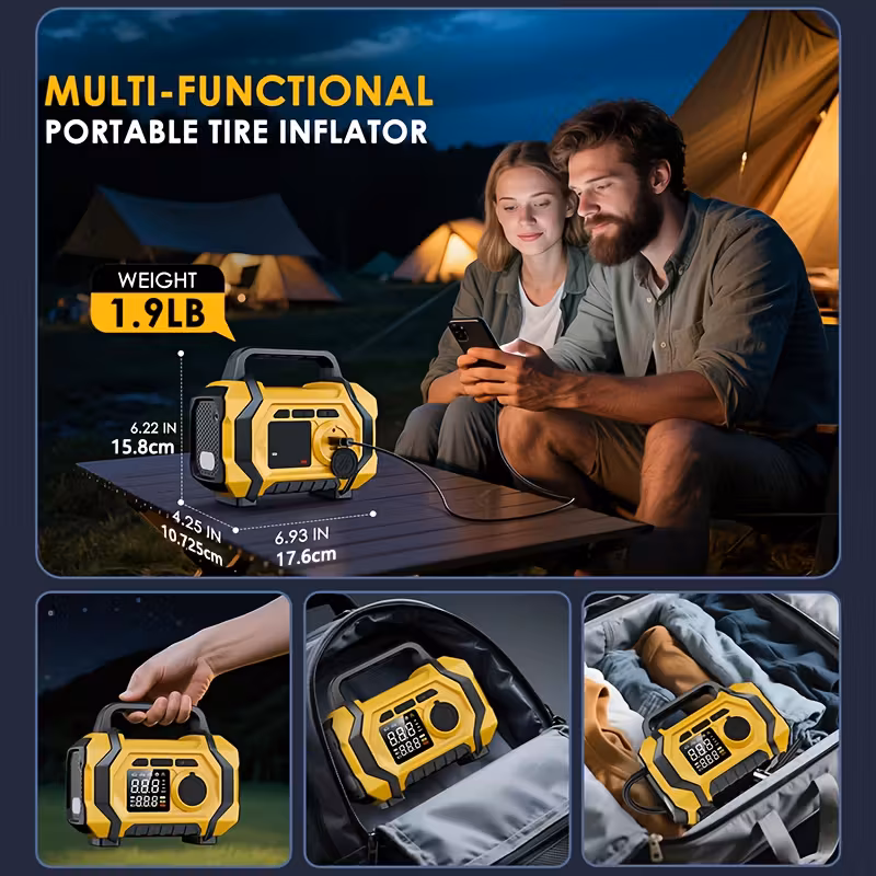 portable air compressor 6x faster 150psi tire inflator for car motorcycle bike cordless with pressure gauge 12v auto shut off pump w led display and built in light 4